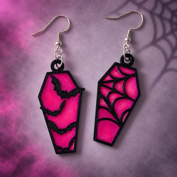 Pink coffin earrings, Halloween bat spider web, Gothic jewellery