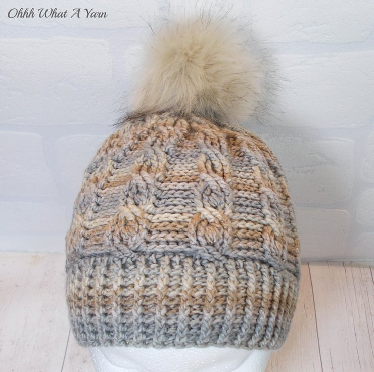 Ladies beige, taupe and cream cable pom pom hat... - Folksy