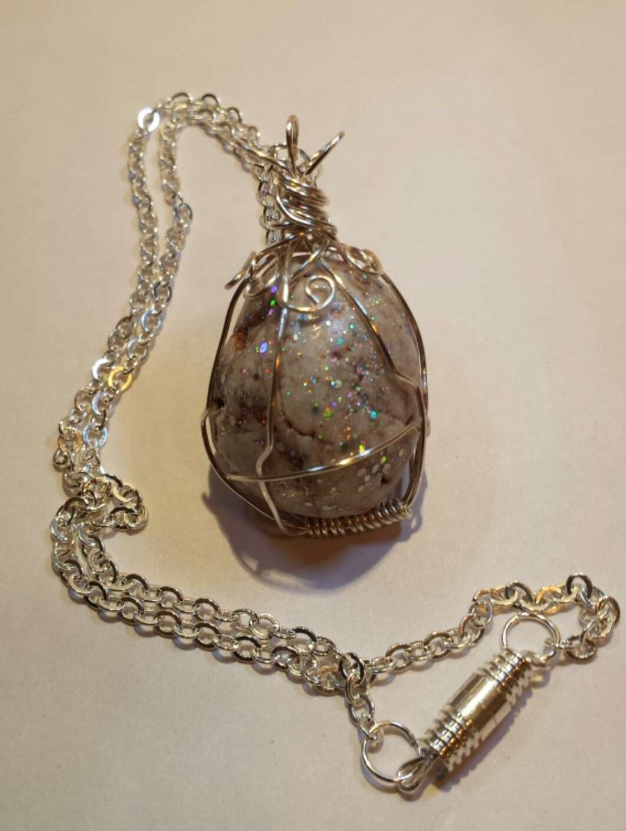 White Mottled Stone Handcrafted Wire Wrapped,Dawlish English Sea Rock Pendant