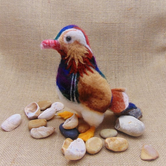 Needle Felted Duck, Mandarin Duck Ornament, Soft Sculpture