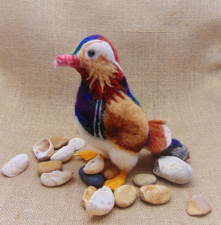Needle Felted Duck, Mandarin Duck Ornament, Soft Sculpture