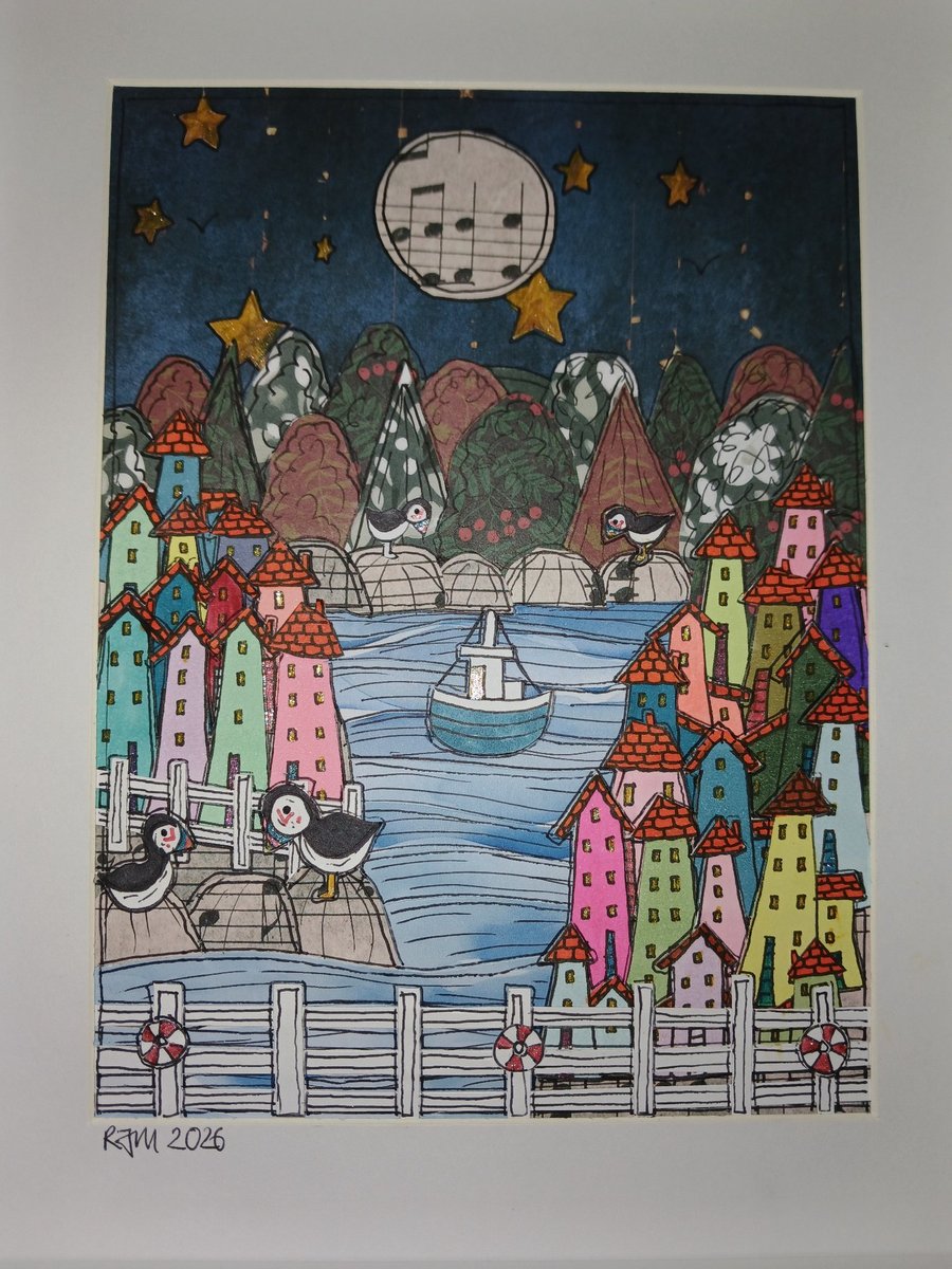 Quirky art, original paper art whimsical colourful houses 10 x 8 " framed art