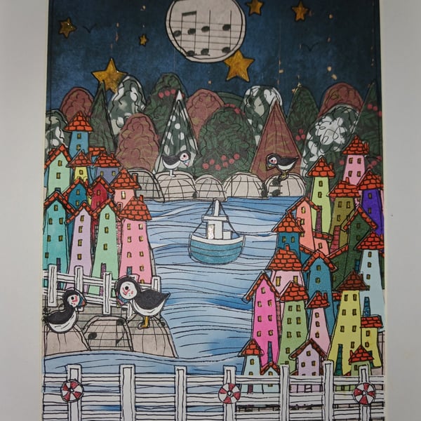 Quirky art, original paper art whimsical colourful houses 10 x 8 " framed art