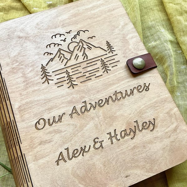 Rustic Book-Shaped Keepsake Box Engraved With Mountain Design - Our Adventurers