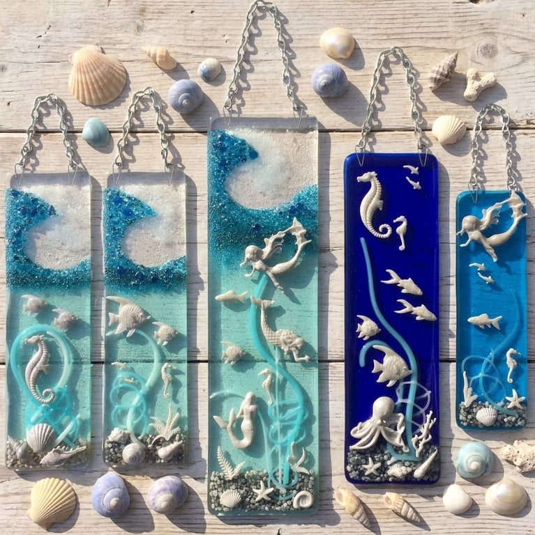 Handmade Fused Glass 3D Under The Sea Hanging Picture Suncatcher - Ocean Mermaid
