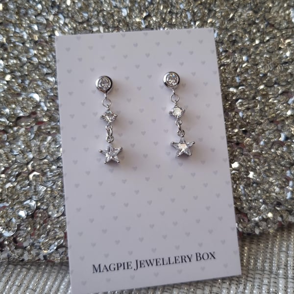 Sparkling Diamante Crystal Star Dangle Stud Earrings - Christmas Collection