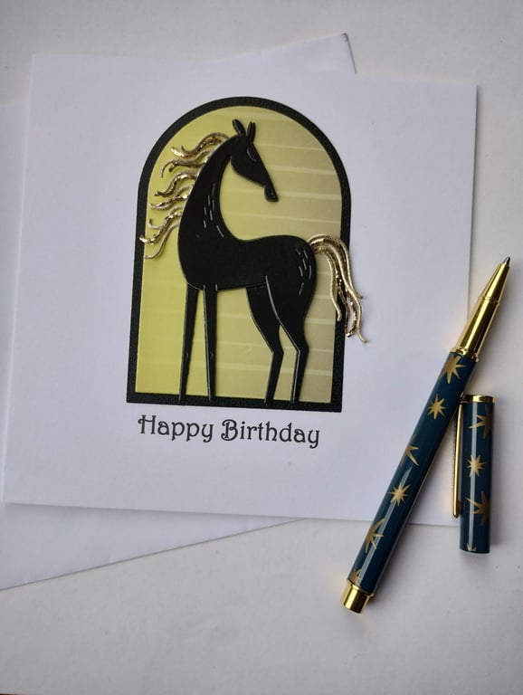 Happy Birthday Handmade card featuring a Black and Gold Horse 