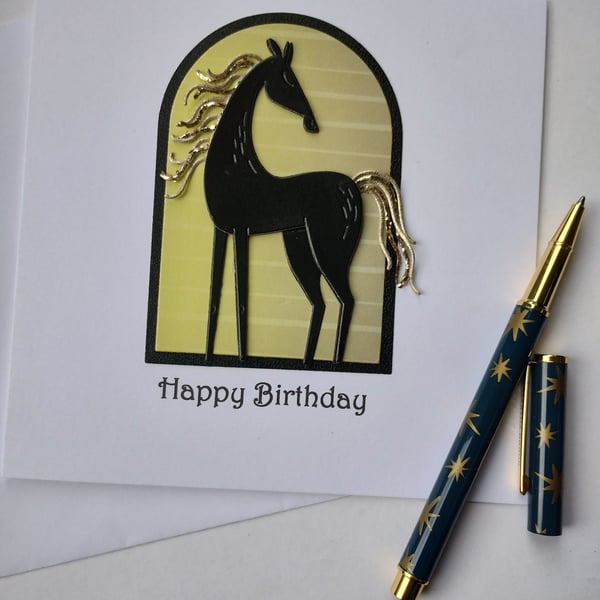 Happy Birthday Handmade card featuring a Black and Gold Horse 