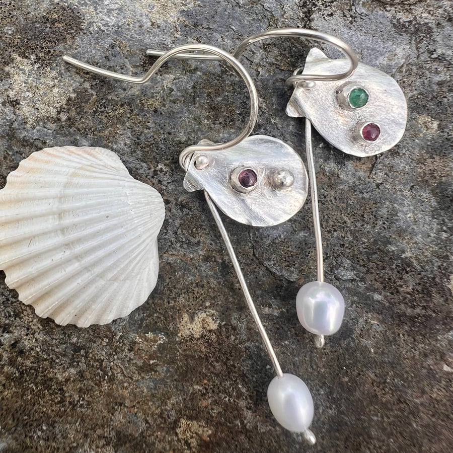 Silver Shell Earrings with Emerald, Rubies and Pearl dangles