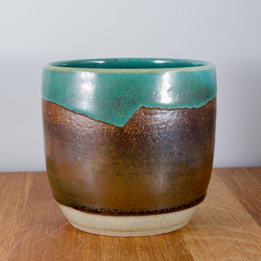 Handmade ceramic tumbler - green and brown wedge design