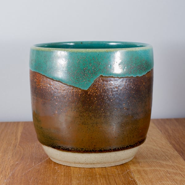 Handmade ceramic tumbler - green and brown wedge design