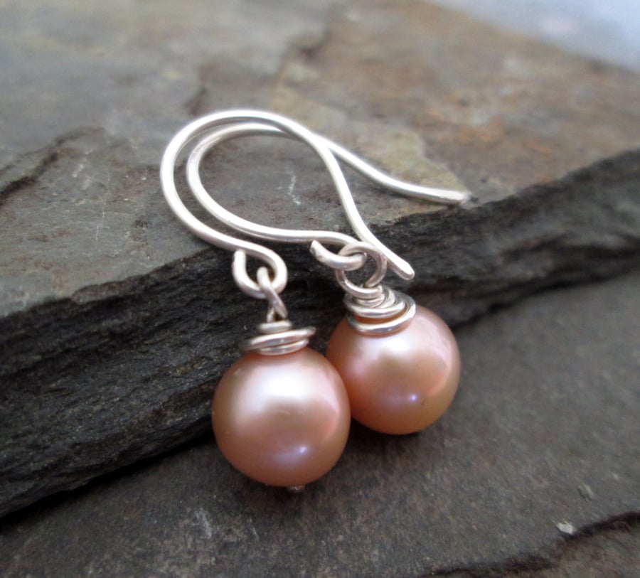 Peach Pearl Earrings - Bridal Jewellery, Bridesmaid Gift, Drop Earrings