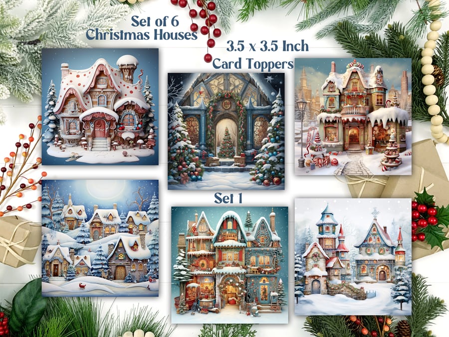 Christmas Houses Set of 6 Square Card Toppers for Card Making, Tags etc.