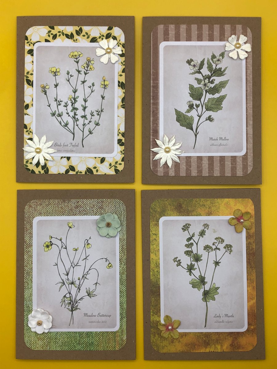 Botanical set of four cards with floral designs 