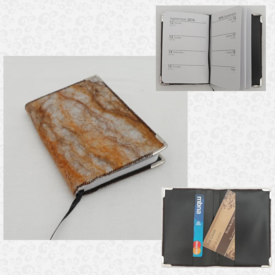 Pocket diary and card holder combined, nuno felted brown - REDUCED