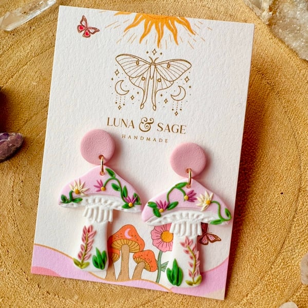 Mushroom Earrings,Wildflower Polymer Clay Earrings, Folklore,Fairytale jewellery