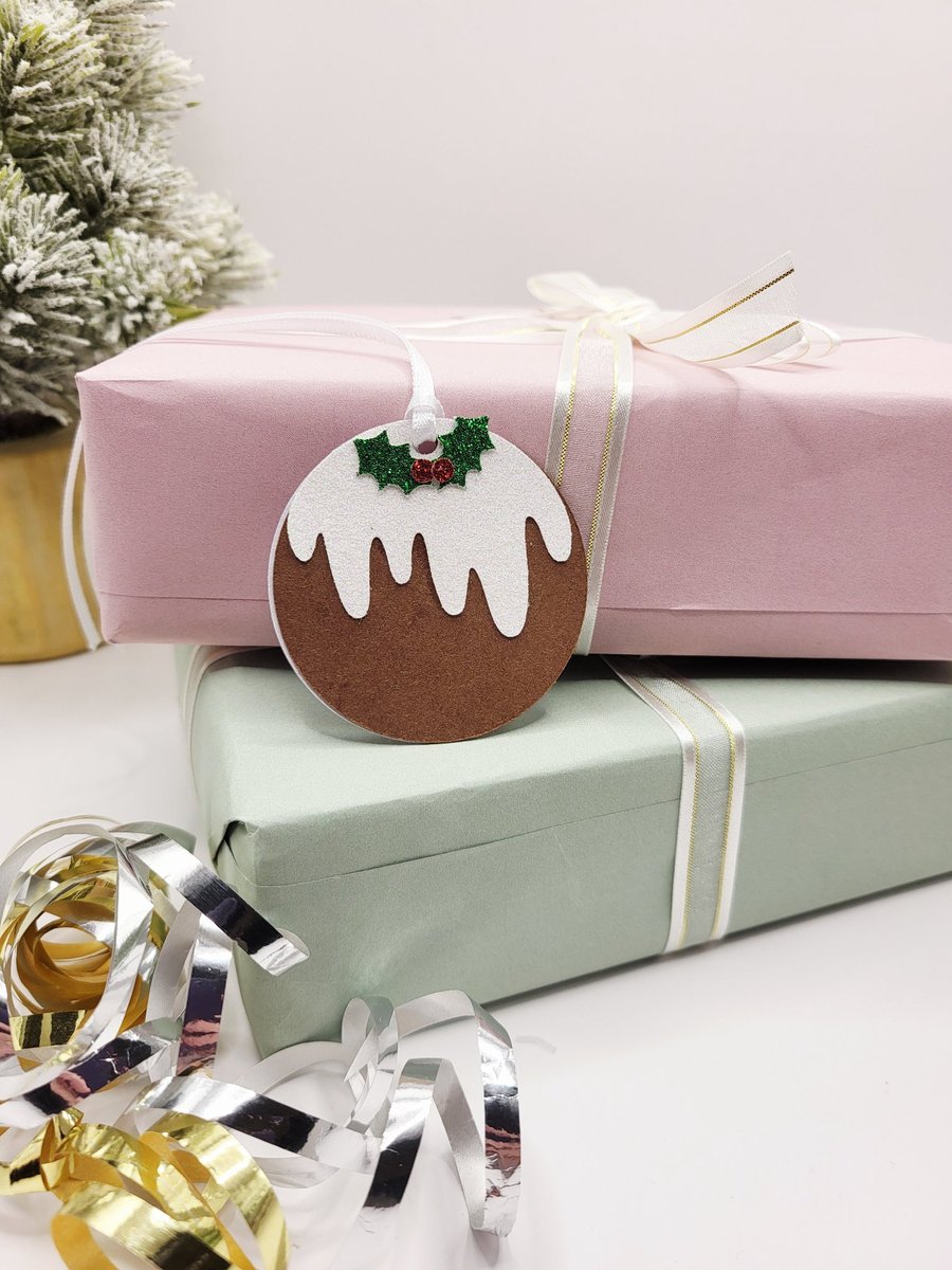 Handmade Christmas Pudding Gift Tag with Glitter Holly & White Satin Ribbon