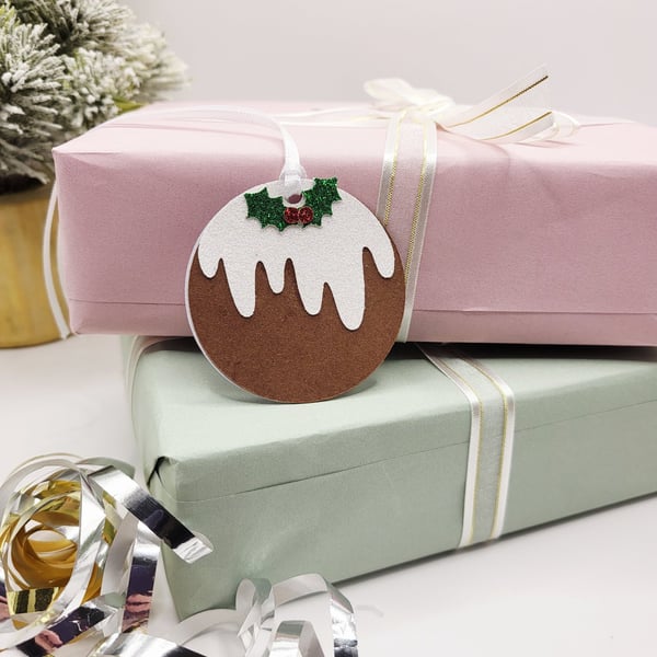 Handmade Christmas Pudding Gift Tag with Glitter Holly & White Satin Ribbon