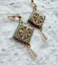 Pink & Olive Green Tile Pearl Drop Earrings - Image 3