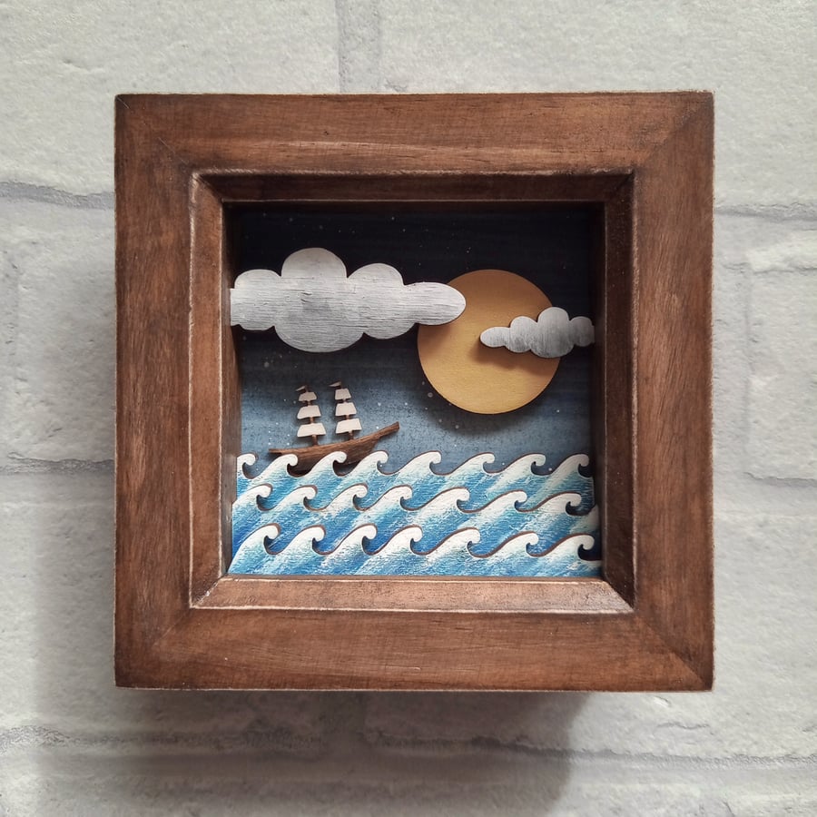 Tall Ship Picture, Miniature Diorama, Coastal Shadow Box