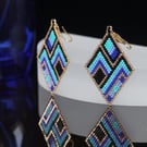 Diamond Shaped Beaded Earrings with Blue, Black and Turquoise Geometric design