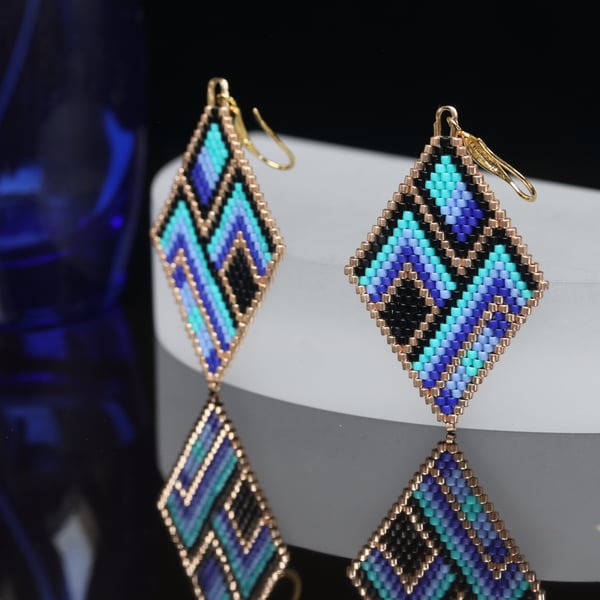 Diamond Shaped Beaded Earrings with Blue, Black and Turquoise Geometric design