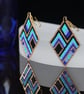 Diamond Shaped Beaded Earrings with Blue, Black and Turquoise Geometric design