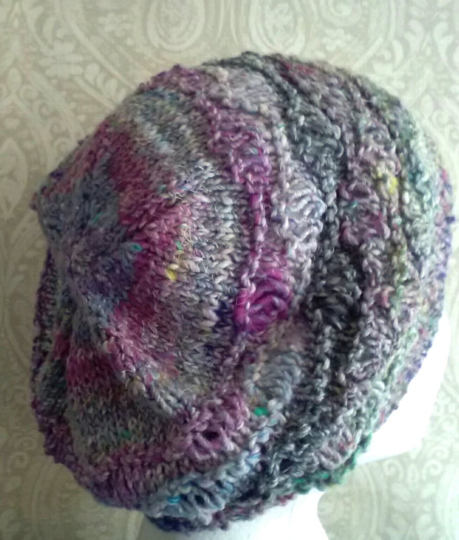 Handknit Cotton Wool Silk Lacy Beret Medium blue purple mix
