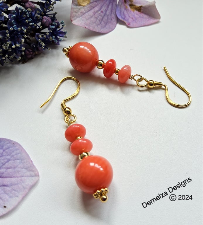Designer Eco Peach Bamboo Coral Gold Vermeil Sterling Silver Earrings