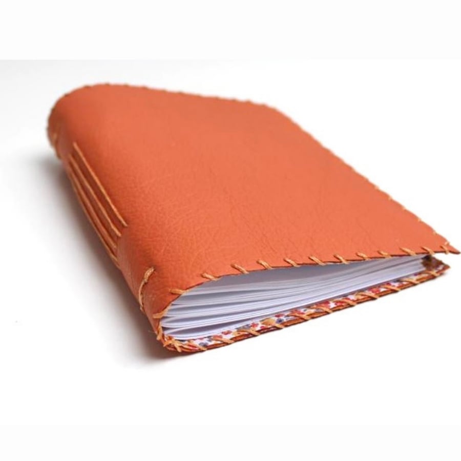 A6 Orange Handmade Leather notebook Fabric Lining Plain Paper