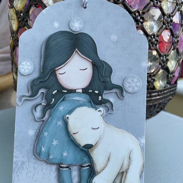 Gorjuss girl with a polar bear gift tag