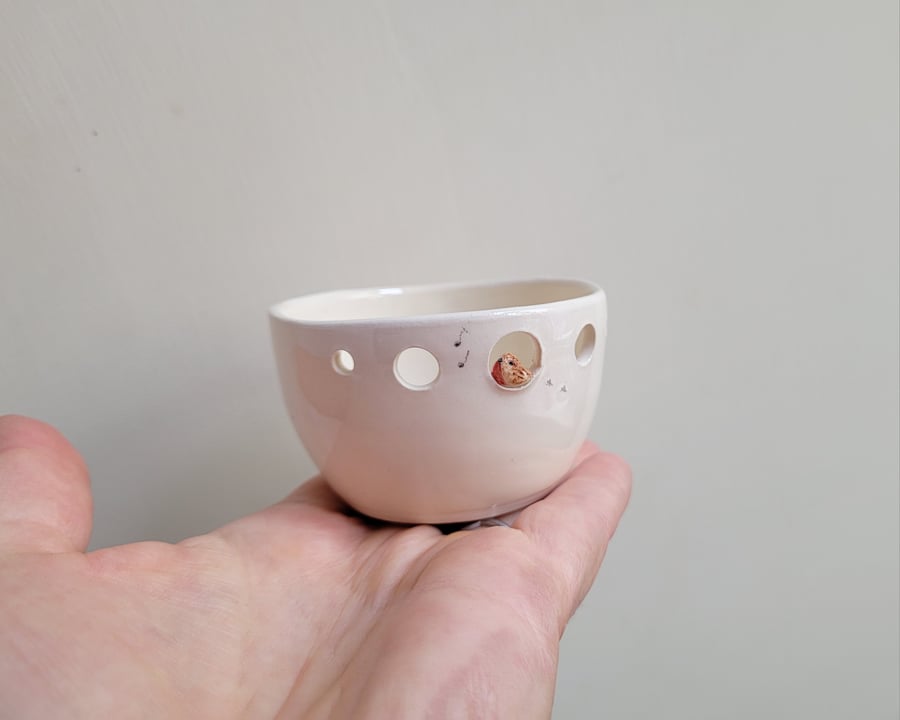Ceramic handmade robin tealight or herb stripper & birdprints stocking filler