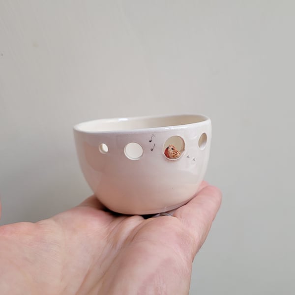 Ceramic handmade TO ORDER tealight with robin & birdprints herb stripper  