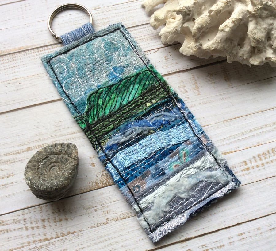 Embroidered seascape keyring or bag charm. 