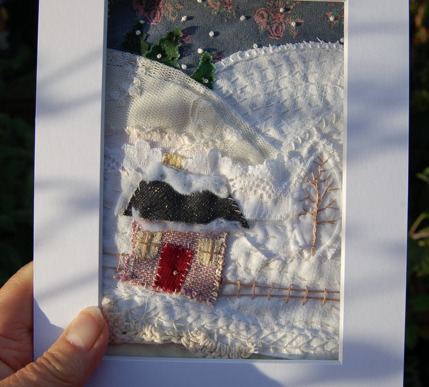 Winter Textile landscape.  Upcycled fabric hand stitched picture 
