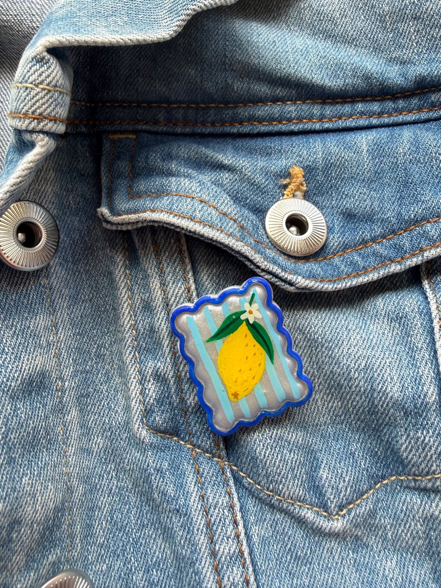 Lemon Blossom Postage Stamp Polymer Clay Pin Badge