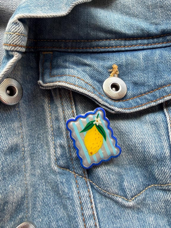 Lemon Blossom Postage Stamp Polymer Clay Pin Badge