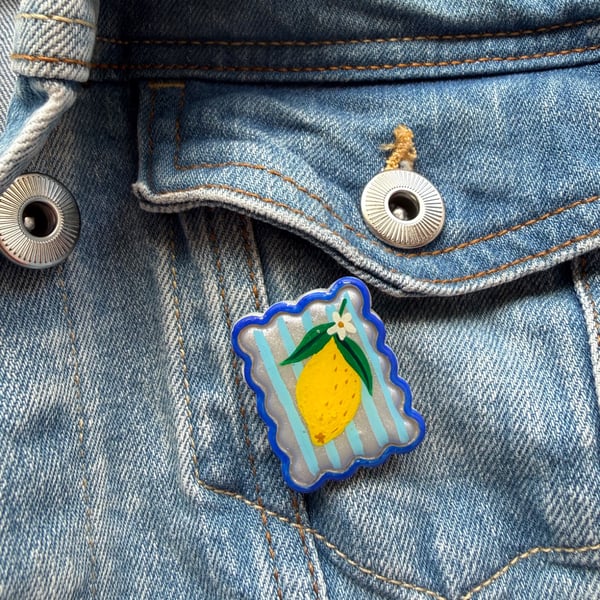 Lemon Blossom Postage Stamp Polymer Clay Pin Badge