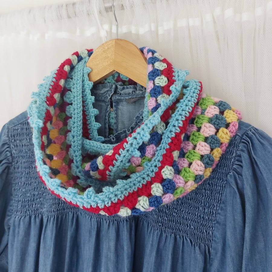  Crochet Infinity Scarf Aqua Trim 'Happy Scrappy'