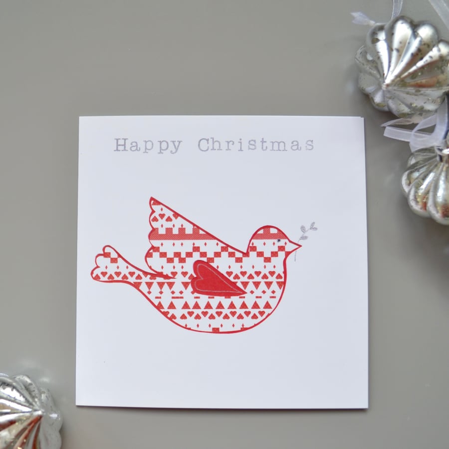 Red and White Patterned Dove Christmas Card