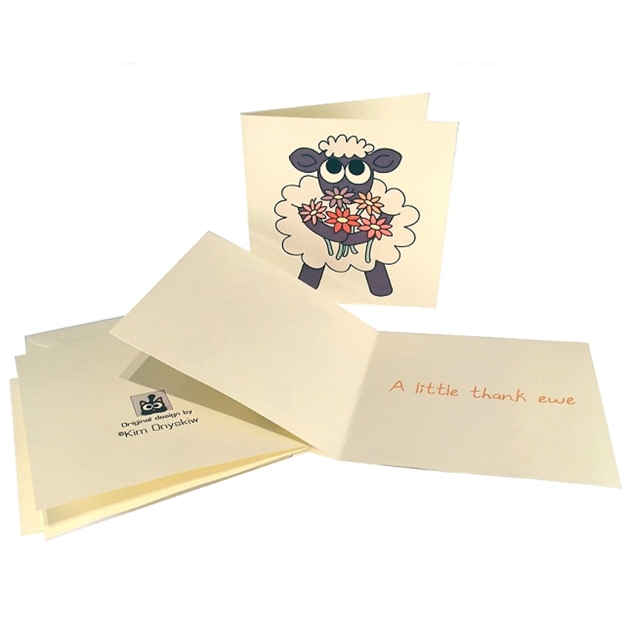 Set of 4 Thank Ewe Cards - cute sheep with flowers thank you card. 