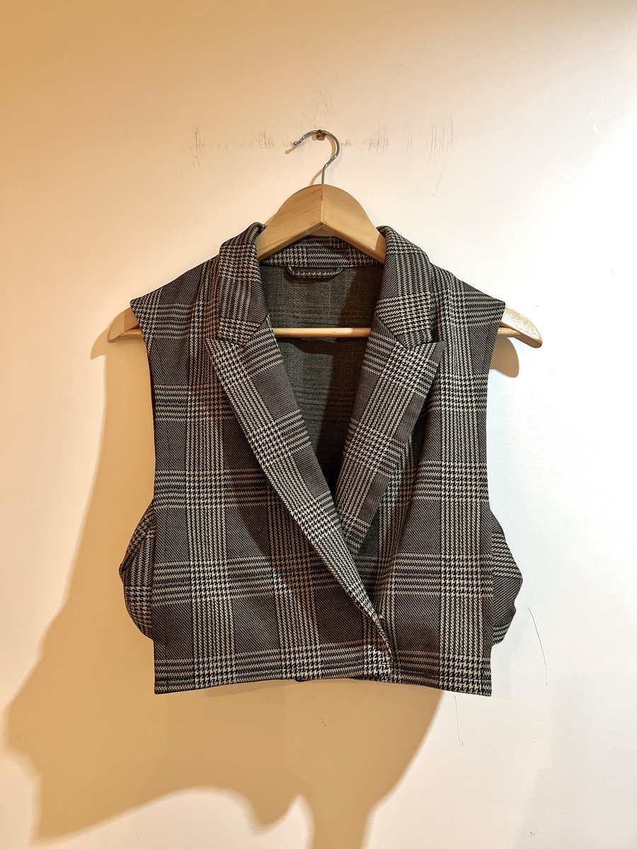 Reworked Plaid Cropped Waistcoat – Handmade Tailored Vest with Bow Detail