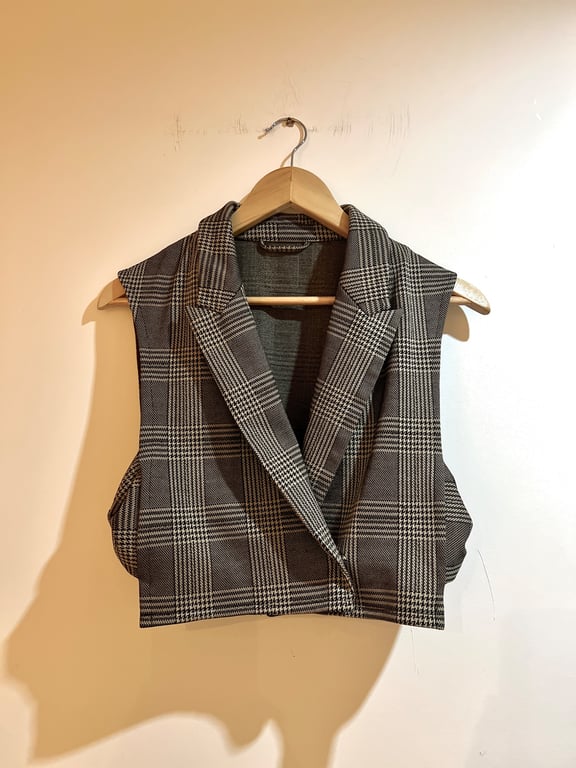 Upcycled Plaid Cropped Waistcoat – Handmade Tailored Vest with Bow Detail