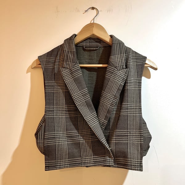 Upcycled Plaid Cropped Waistcoat – Handmade Tailored Vest with Bow Detail