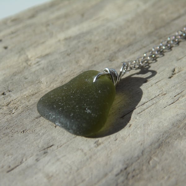 Deep Olive Green Marazion Sea Glass Necklace Sterling Silver N662
