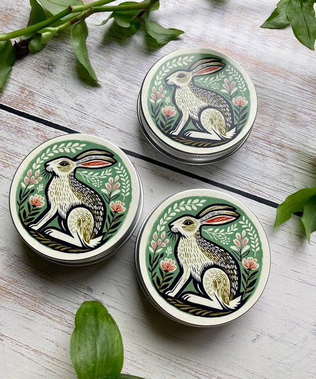 Green Hare Storage tin buttons, stitch markers, beads, knitting and sewing