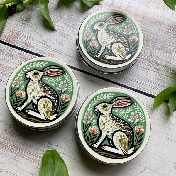 Green Hare Storage tin buttons, stitch markers, beads, knitting and sewing