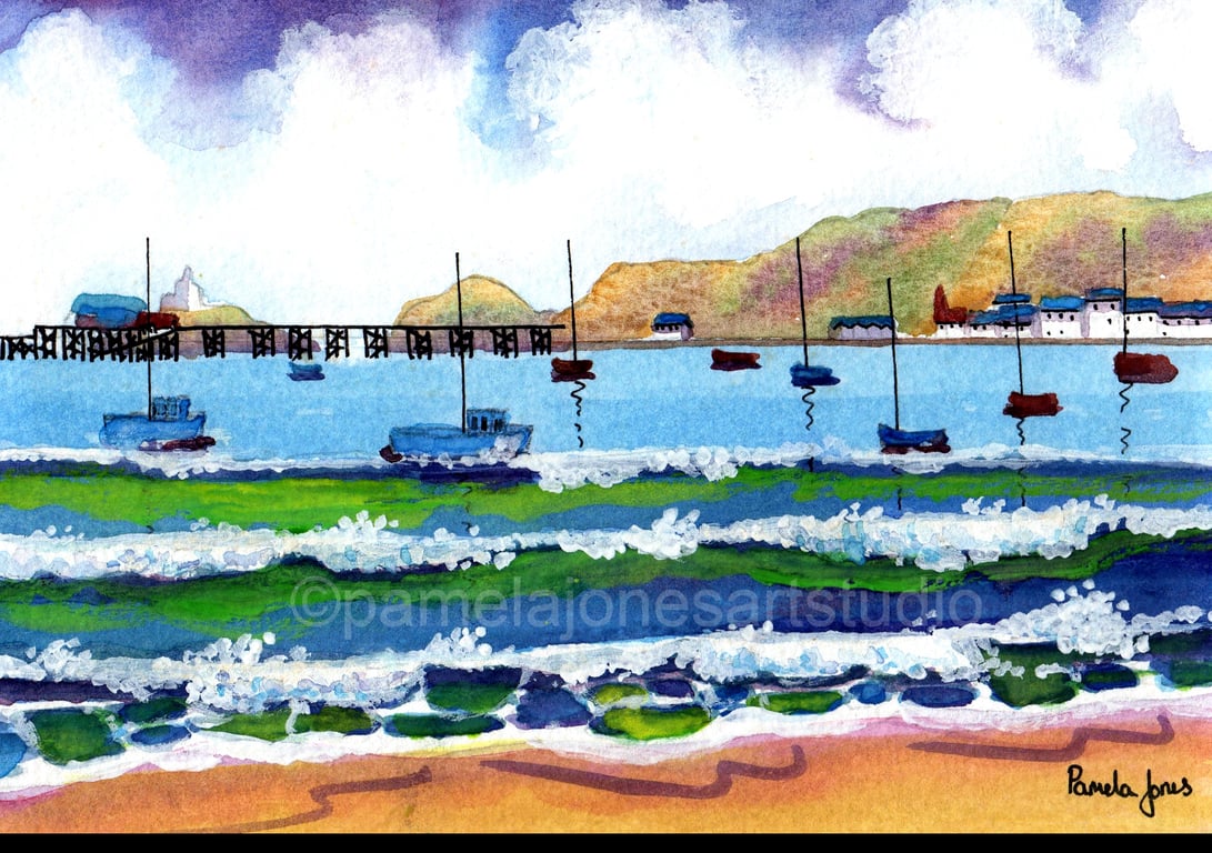 Boats, In The Bay, Mumbles, Wales, Original Watercolour, in 10 x 8 '' Mount