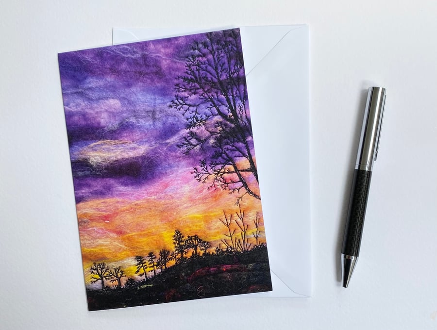 Sunrise sky. Silhouette tree. Printed card. Rural scene. Yorkshire. 