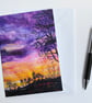 Sunrise sky. Silhouette tree. Printed card. Rural scene. Yorkshire. 